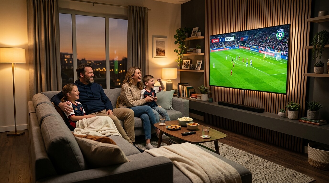 Family watching IPTV service on a smart TV in the living room