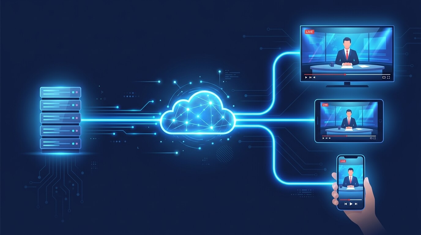 How IPTV works: server streams channels over the internet to TV, phone and tablet